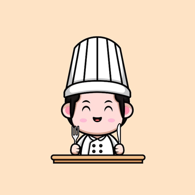 Cute male chef ready to eat cartoon mascot illustration