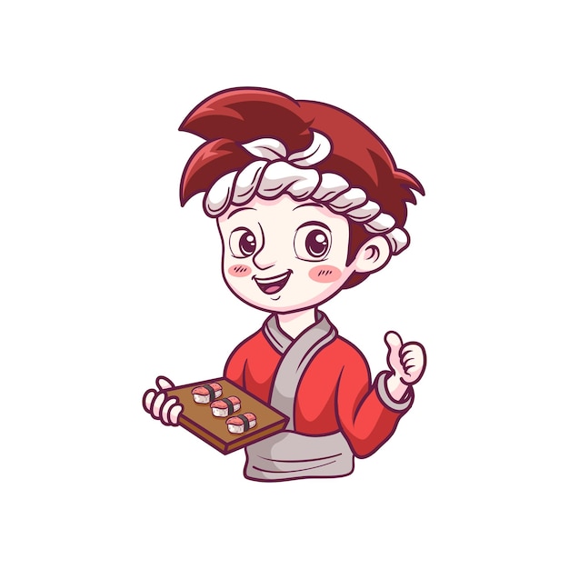 Cute male chef with headband holding sushi illustration logo