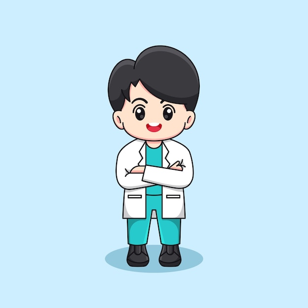 Vector cute male doctor crossed arms kawaii vector cartoon character