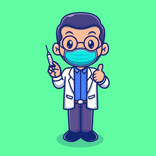 Симпатичный мужчина-врач, держащий инъекцию. мультфильм 