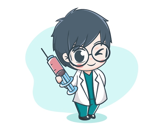 Cute male doctor with big syringe cartoon illustration