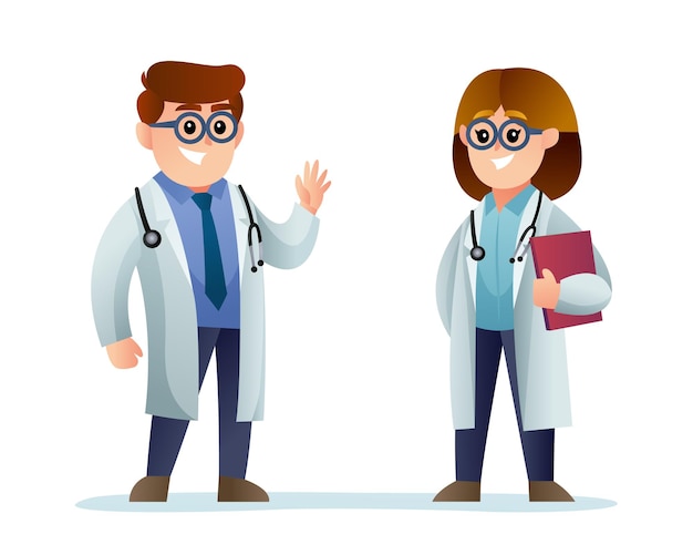 Vector cute male and female doctor cartoon characters