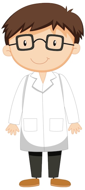 Vector cute male scientist cartoon character in gown and glasses