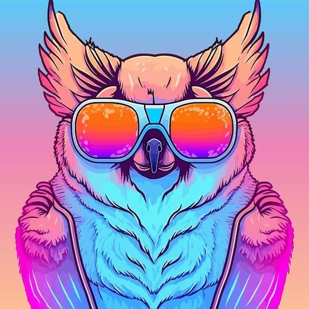 Cute malinois snow owl with sunglasses. Retro wave illustration series.