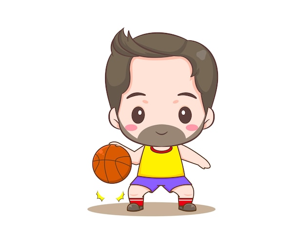 Cute man cartoon character. man playing basketball chibi illustration.