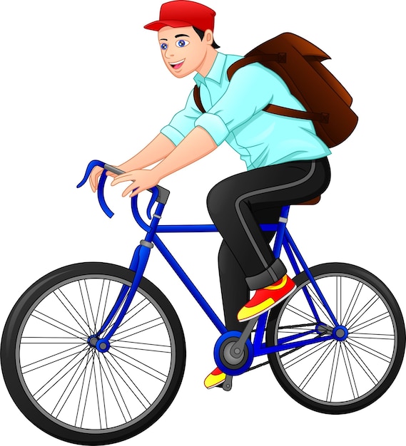 Vector cute man goes to work on a bicycle