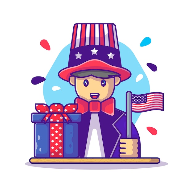 Vector cute man holding american flag for usa independence day cartoon