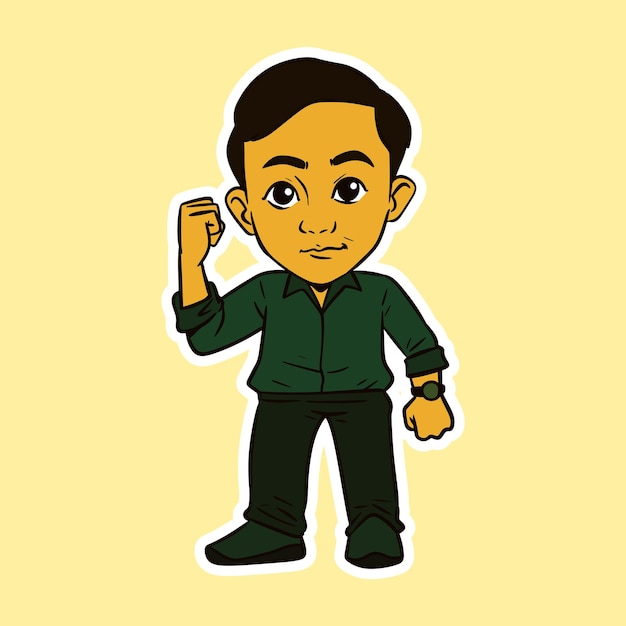 Cute man smiling with one hand up cartoon illustration