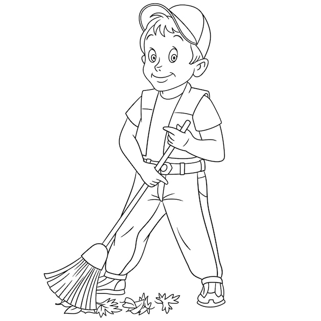 Cute man street sweeper. people professions. cartoon coloring\
book page for kids.