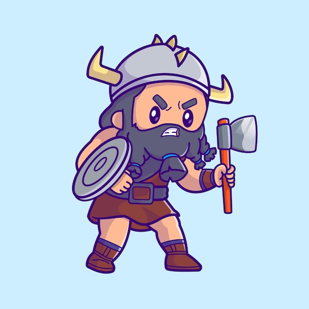 Cute man viking holding ax cartoon vector icon illustration people holiday icon concept isolated