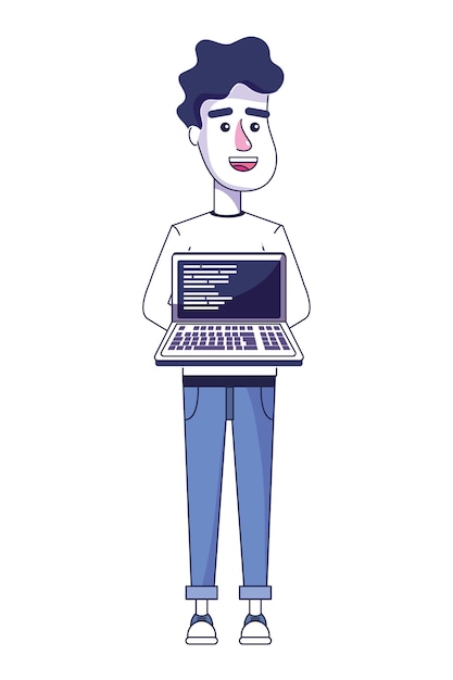 Cute man with laptop and code programming