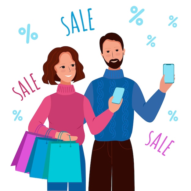 L'uomo e la donna carini in abiti invernali tengono gli smartphone e fanno shopping. illustrazione vettoriale su sfondo bianco.