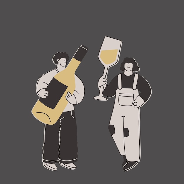 Cute man and woman with a huge bottle of white wine and a huge glass funny exaggerated characters for design on the theme of wine or alcoholic beverages vector flat illustration