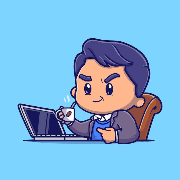 Cute man working on laptop and drink coffee cartoon vector icon illustration people technology icon