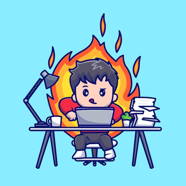 Cute man working on laptop with fire cartoon vector icon illustration. people technology isolated