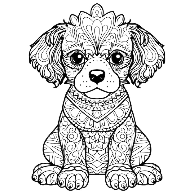 A cute mandala dog line art coloring page vector