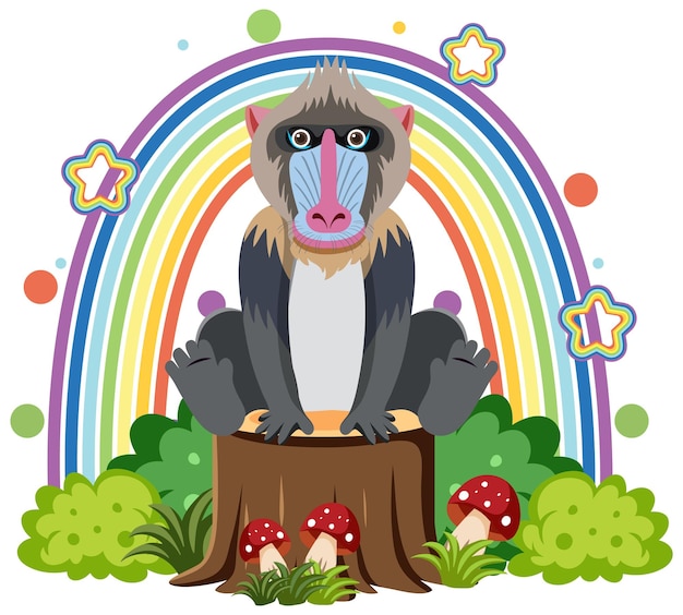 Cute mandrill on stump in flat cartoon style