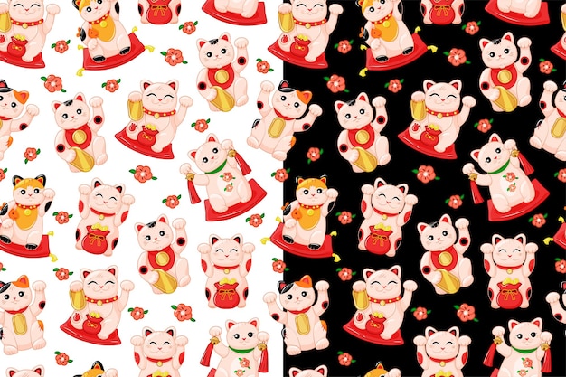 귀여운 Maneki Neko 일본 고양이 원활한 패턴 세트입니다. 행운과 부의 상징.