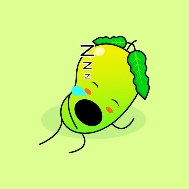 cute mango character with sleep expression and mouth open. green and orange