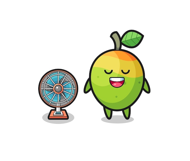 cute mango is standing in front of the fan
