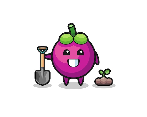 Cute mangosteen cartoon is planting a tree seed , cute design