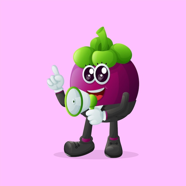 Vector cute mangosteen character holding a megaphone