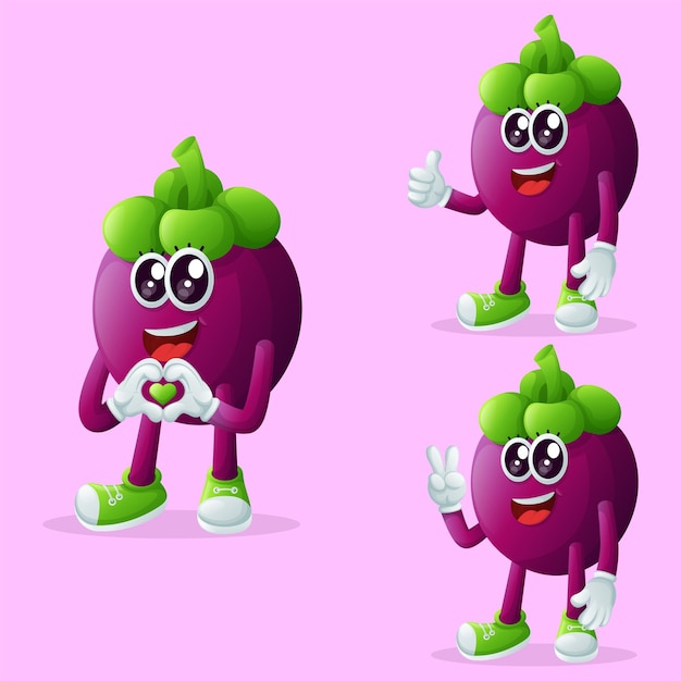 Vector cute mangosteen characters making playful hand signs