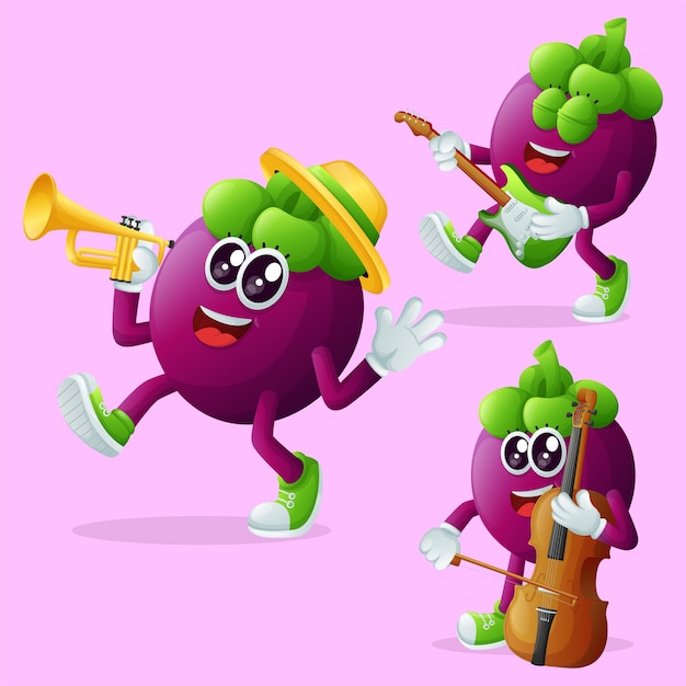 Vector cute mangosteen characters playing musical instruments