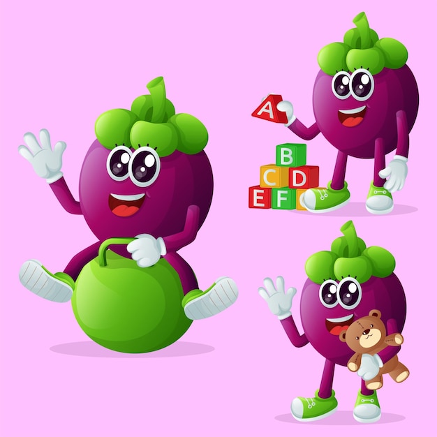 Vector cute mangosteen characters playing with kid toys