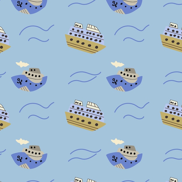 Vector cute marine baby pattern with nautical ship seamless vector sea print for textile fabric nursery