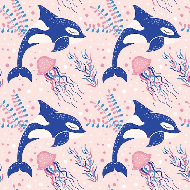 범고래와 해파리가 있는 귀여운 해양 패턴