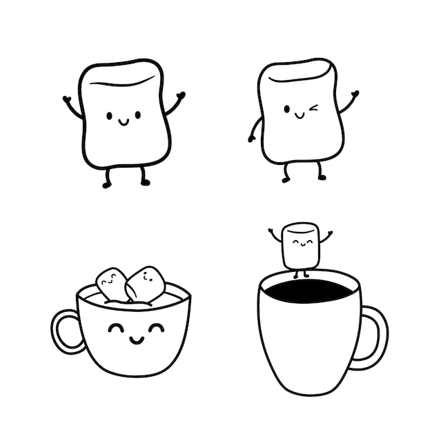 Cute Marshmallow characters with different facial expressions Marshmallows float in cup of cocoa coffee or hot chocolate Kawaii sweets with legs and hands vector illustration in line style