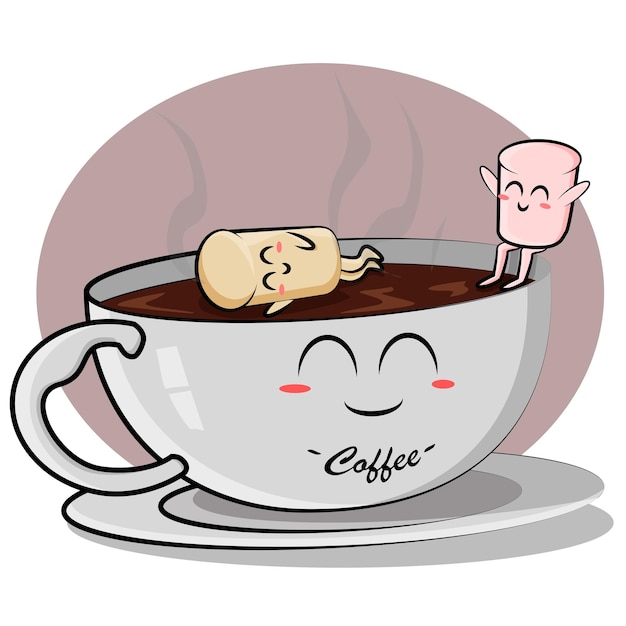 Симпатичные зефирки плавают в чашке горячего кофе