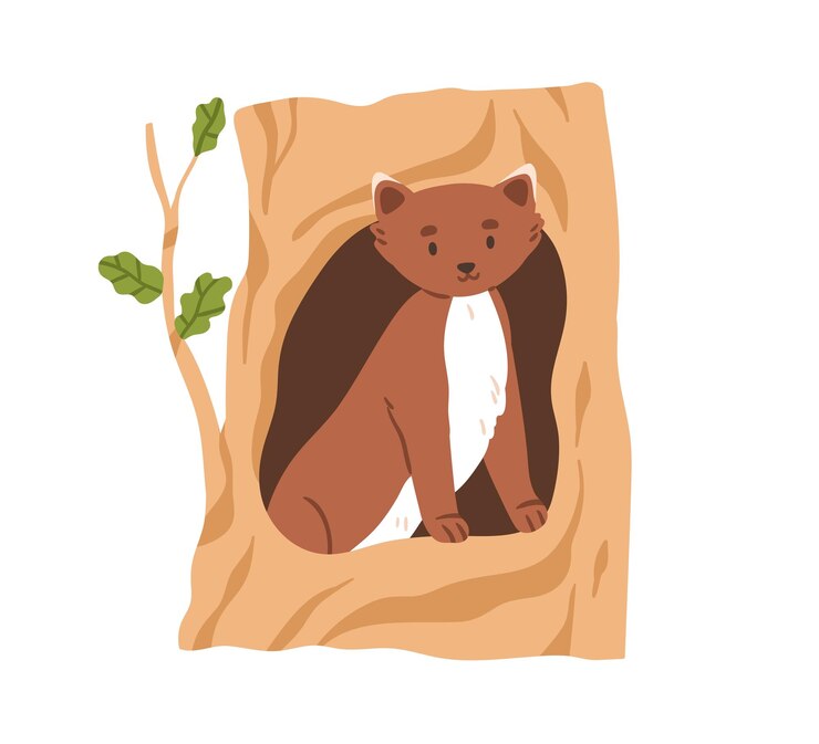 Vector cute marten inside hollow in tree. forest animal looking, peeking out of hole house in woods. lovely weasel in shelter home in trunk. flat vector illustration isolated on white background