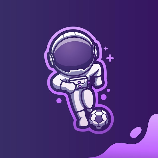 Vettore simpatico astronauta mascotte che gioca a calcio illustrazione dell'icona del vettore del fumetto illustrazione dell'icona del vettore del fumetto illustrazione dell'astronauta personaggio dei cartoni animati della mascotte adesivo e carta in stile cartone animato piatto