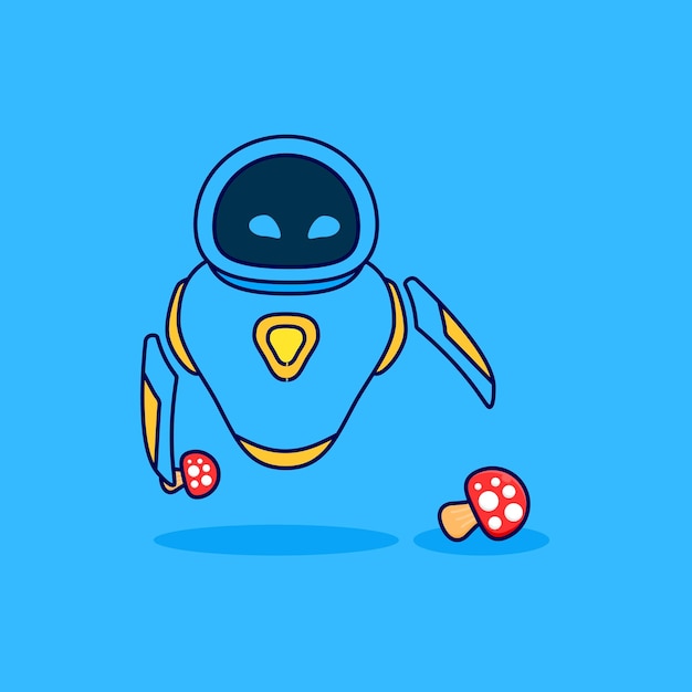 Cute mascot blue robot pick up mushrooms cartoon icon illustration. Flat cartoon design