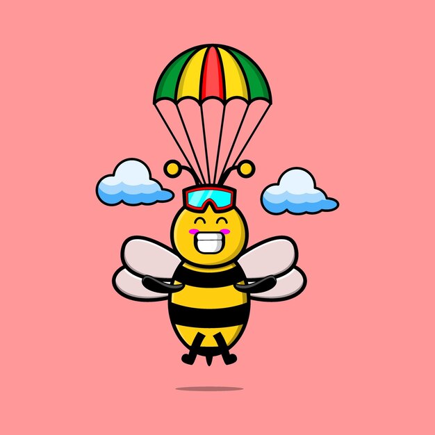 Vector cute mascot cartoon bee is skydiving with parachute and happy gesture cute modern style design