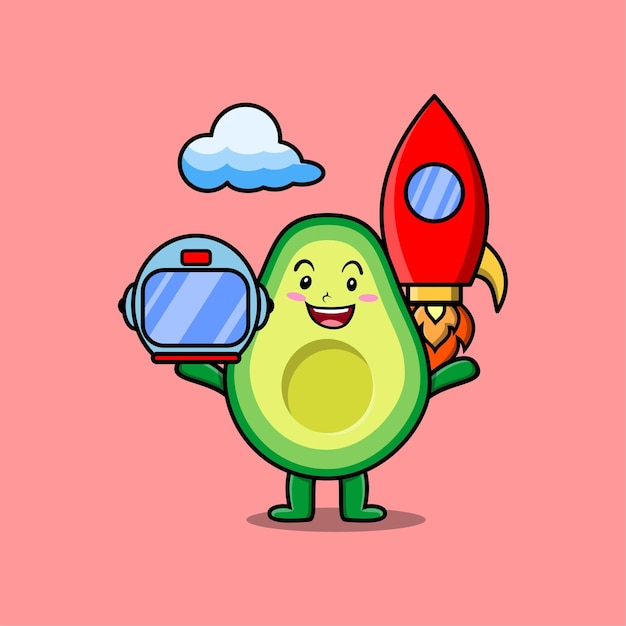 Vettore simpatico personaggio dei cartoni animati mascotte avocado come astronauta con timone a razzo e nuvola in stile carino