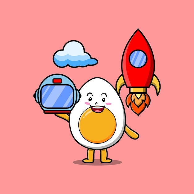 귀여운 마스코트 만화 캐릭터 삶은 달걀 우주 비행사 로켓 조타 장치와 구름을 귀여운 스타일로