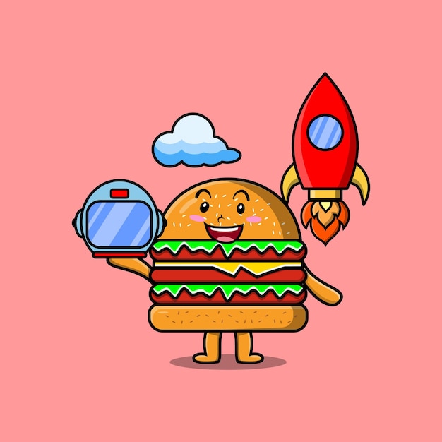 Cute mascot cartoon character Burger as astronaut with rocket, helm, and cloud in cute style