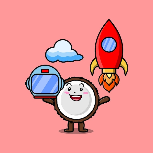 Simpatico personaggio dei cartoni animati mascotte coconut come astronauta con timone a razzo e nuvola in stile carino