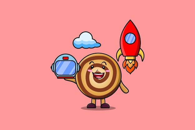 Вектор Симпатичный талисман мультипликационного персонажа куки в образе космонавта с ракетой, штурвалом и облаком в милом стиле
