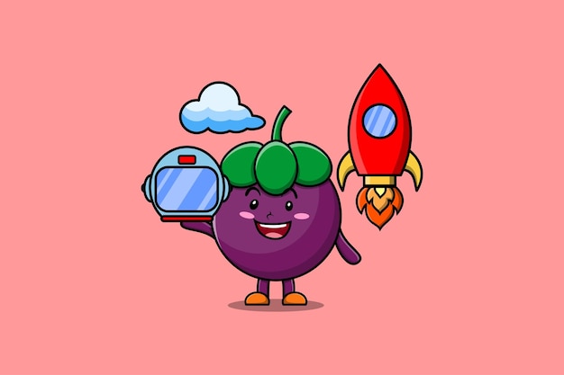 Vector cute mascot cartoon character mangosteen as astronaut with rocket, helm, and cloud in cute style