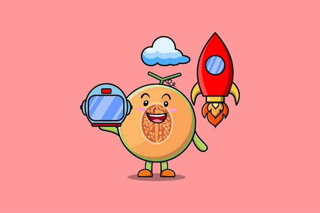 Cute mascot cartoon character Melon as astronaut with rocket, helm, and cloud in cute style