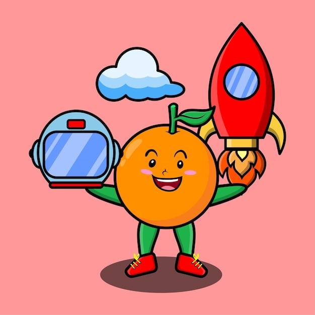 Милый талисман мультипликационный персонаж апельсин в образе астронавта с ракетным штурвалом и облаком