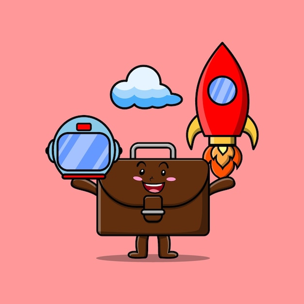 Vector cute mascot cartoon character suitcase as astronaut with rocket helm and cloud in cute style