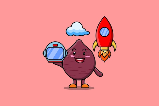 Vector cute mascot cartoon character sweet potato as astronaut with rocket, helm, and cloud in cute style