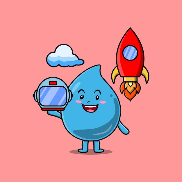 Cute mascot cartoon character Water drop as astronaut with rocket, helm, and cloud in cute style