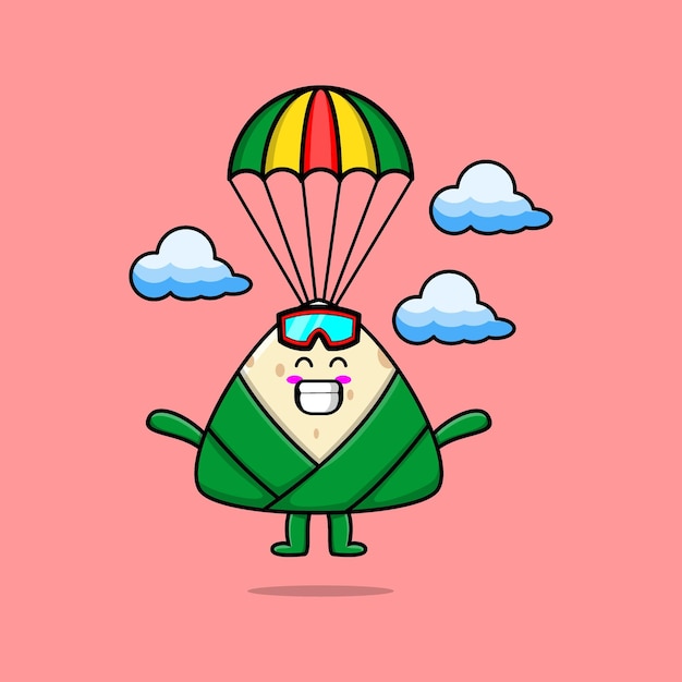 Cute mascot cartoon Chinese rice dumpling is skydiving with parachute and happy gesture