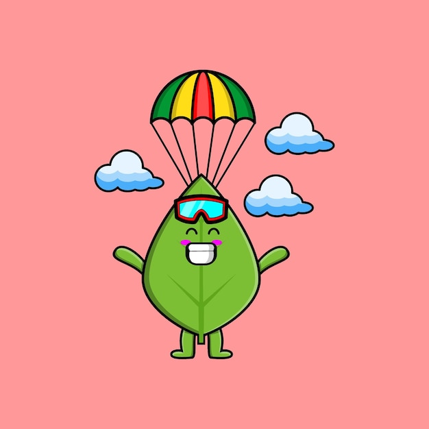 Cute mascot cartoon Green leaf is skydiving with parachute and happy gesture cute modern style